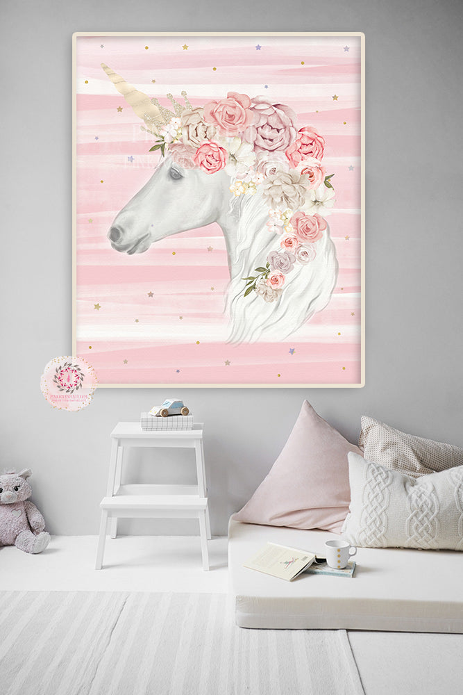 Boho Gold Unicorn Baby Girl Nursery Wall Art Print Ethereal Pink Blush ...