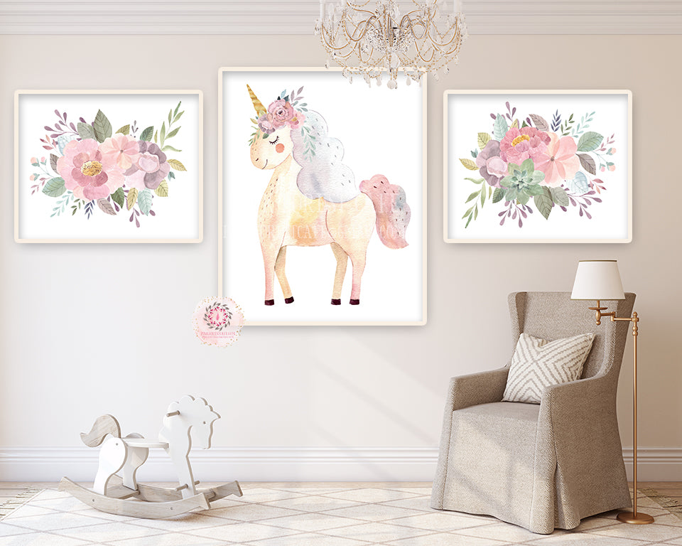 3 Boho Blush Unicorn Wall Art Print Baby Girl Nursery Ethereal Fantasy ...