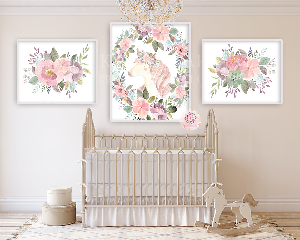 3 Boho Blush Unicorn Wall Art Print Baby Girl Nursery Ethereal Fantasy ...