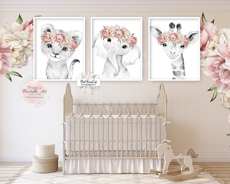 Lion Elephant Giraffe Wall Art Print Boho Mauve Blush Peony Baby Gir