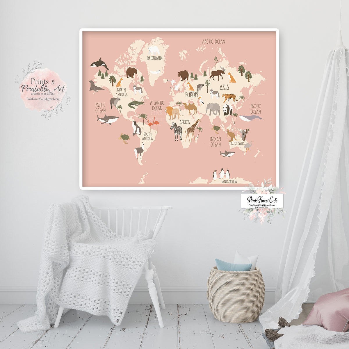 Boho World Map Zoo Animal Wall Art Print Pink Baby Girl Nursery