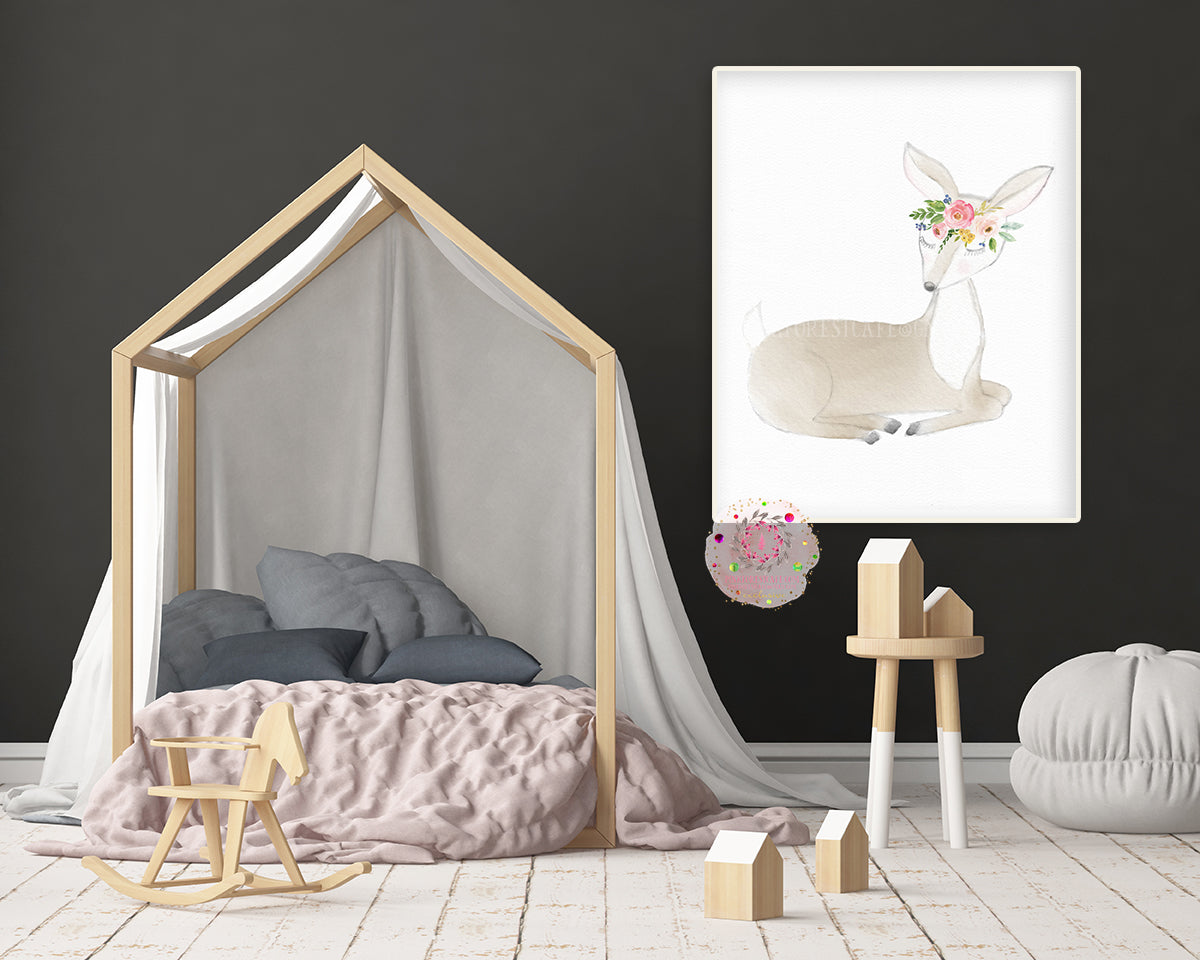 Woodland Boho Deer Wall Art Print Watercolor Baby Girl Nursery Exclusi ...