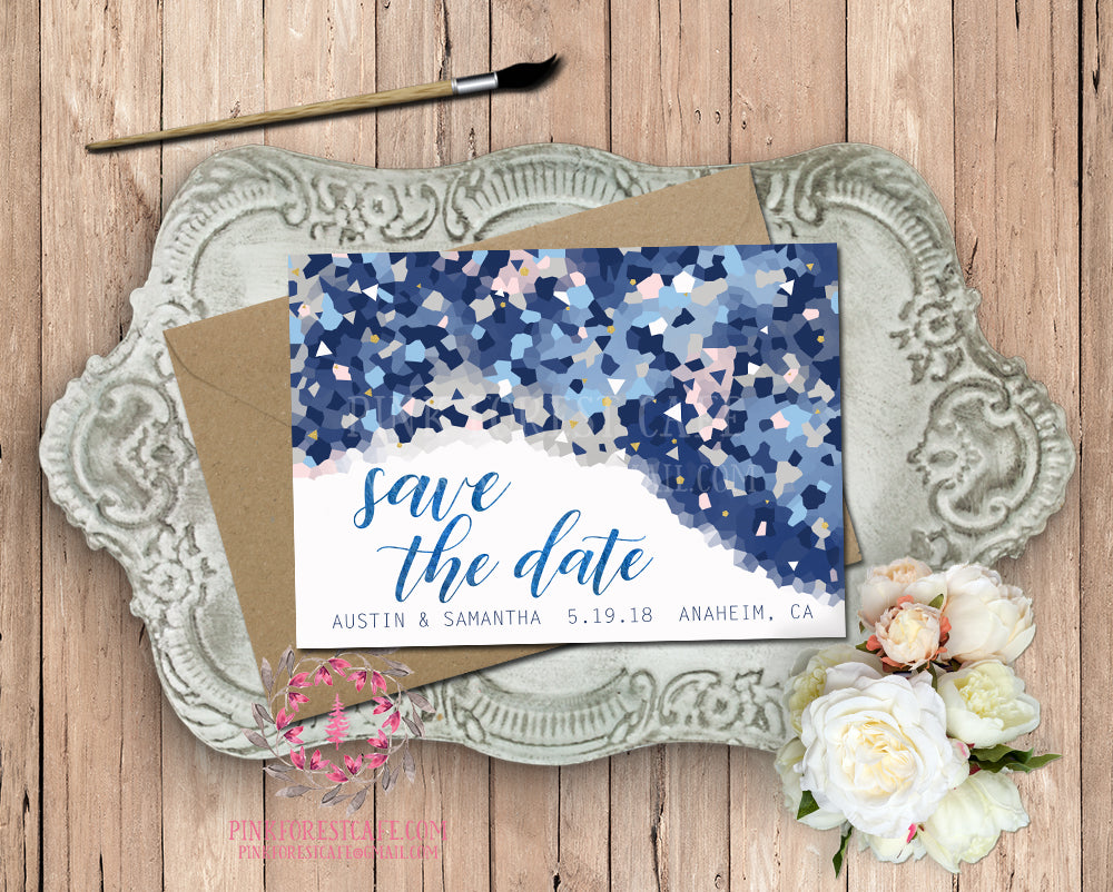 Modern Geometric Navy Blue Blush Gold Wedding Save The Date Invite Inv –  Pink Forest Cafe, image size:1000x802