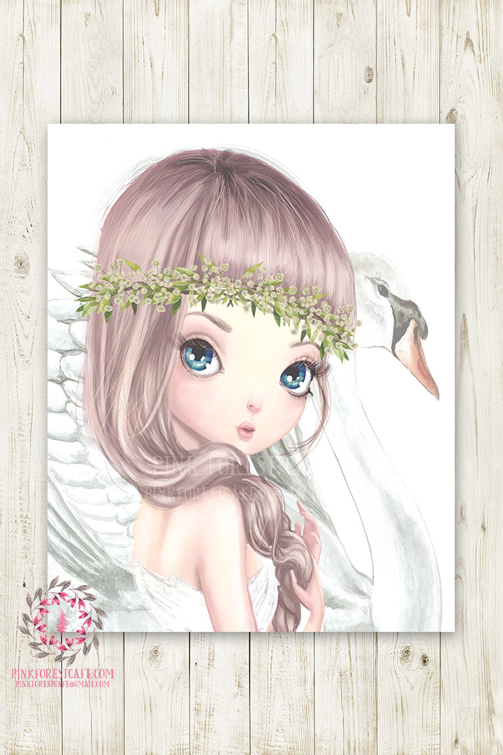 Ethereal Boho Girl Swan Nursery Wall Art Print Baby Room "Bethany" Wat ...