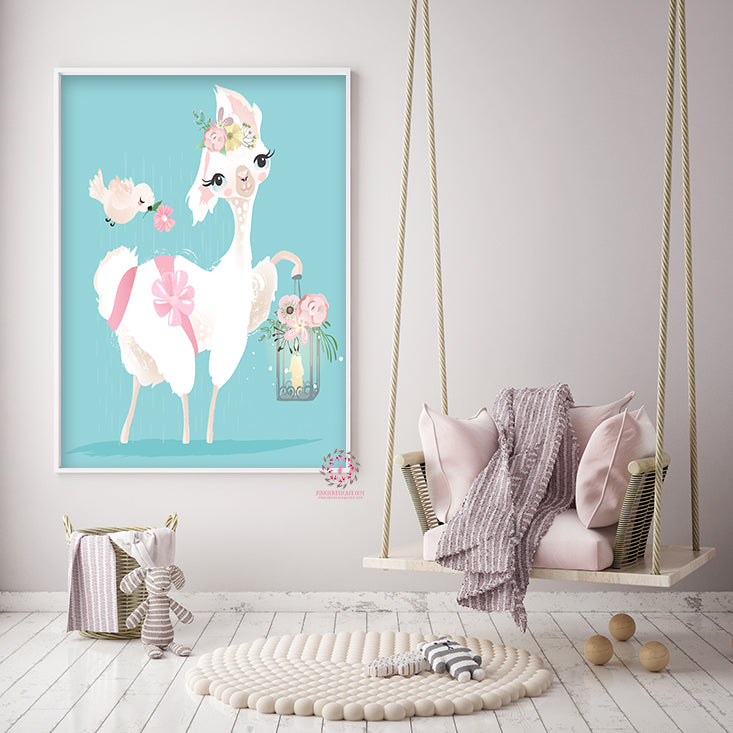 Ethereal Llama Baby Girl Nursery Wall Art Print Boho Alpaca Floral Kid