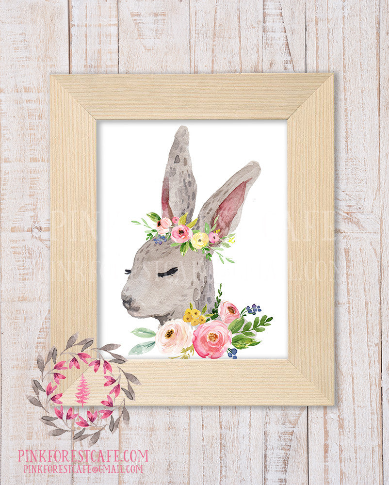Bunny Rabbit Woodland Boho Nursery Decor Baby Girl Wall Art Watercolor ...