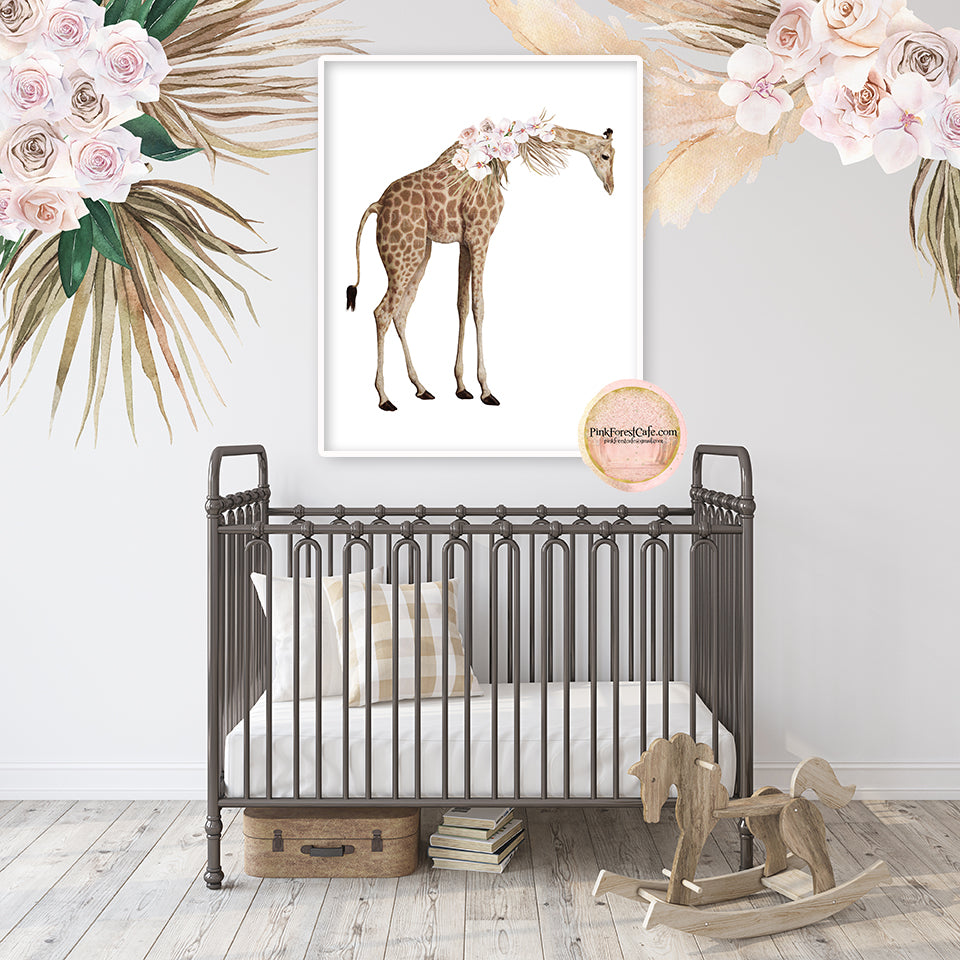 Boho Tropical Giraffe Wall Art Print Blush Nursery Zoo Baby Girl Room