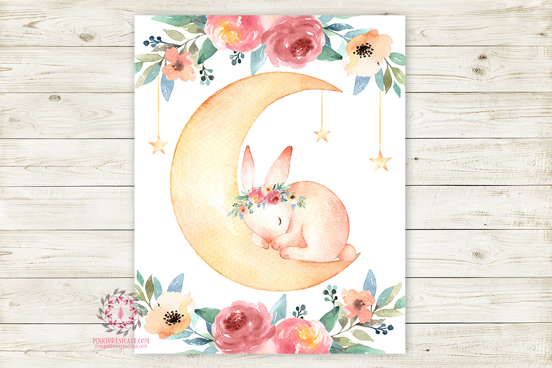 Bunny Rabbit Moon Stars Boho Woodland Wall Art Print Baby Nursery Kids ...