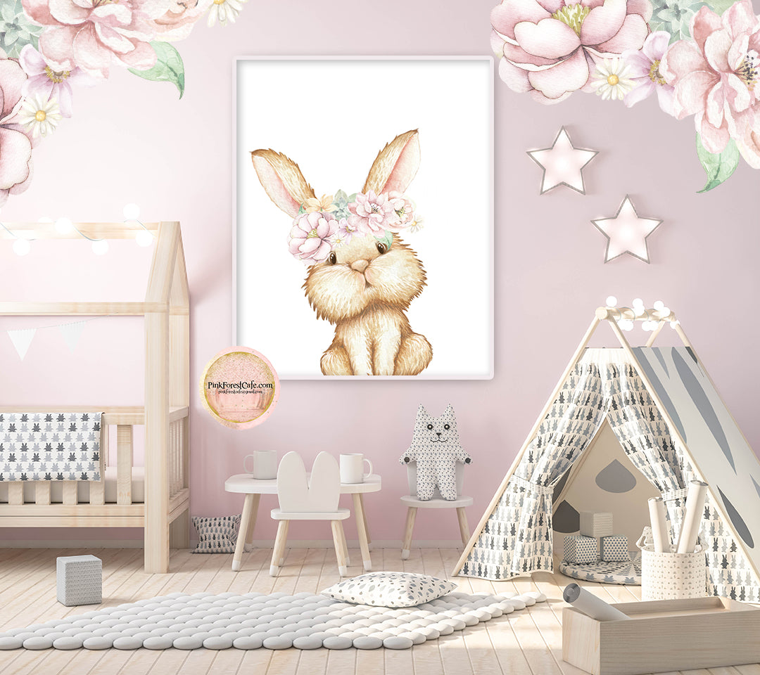 Boho Bunny Rabbit Blush Wall Art Print Woodland Nursery Baby Girl Room
