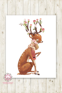 Boho Girl Woodland Deer Nursery Wall Art Print Baby Room Floral Rose Blush Pink Watercolor Printable Decor