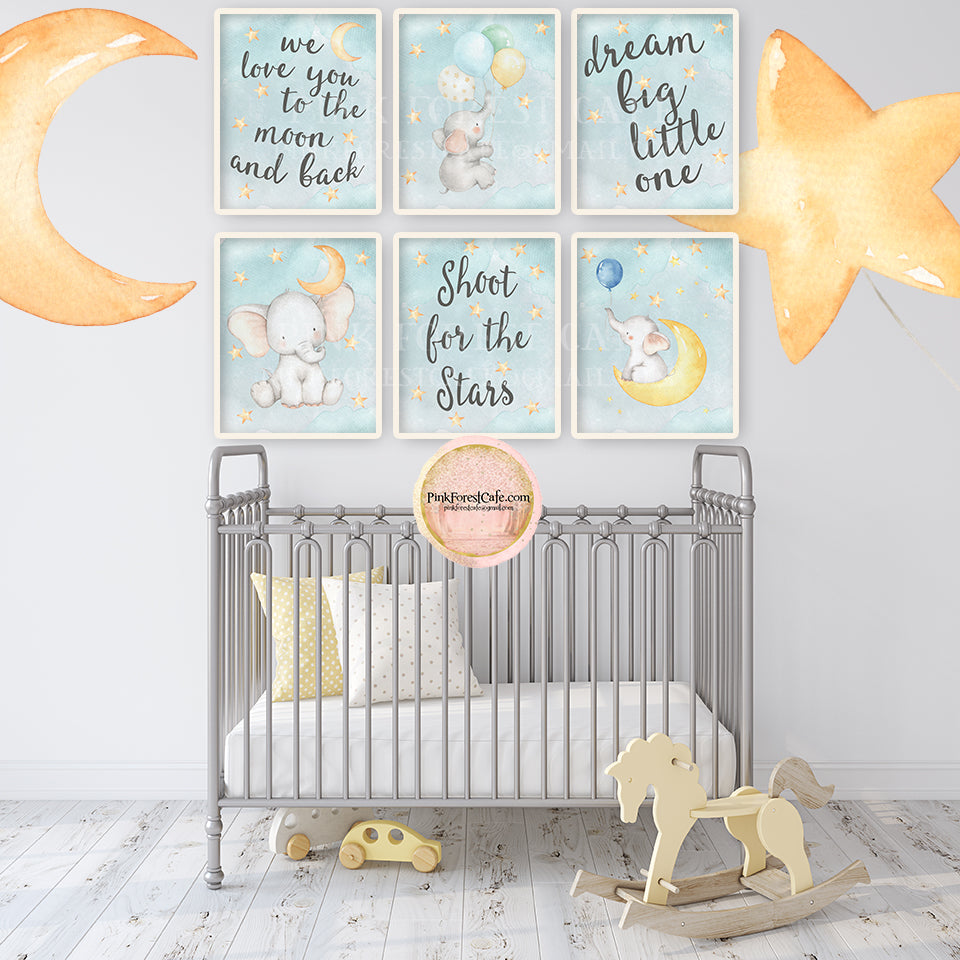 Elephant Nursery Wall Art Print Balloons Stars Moon Ethereal Baby Gi