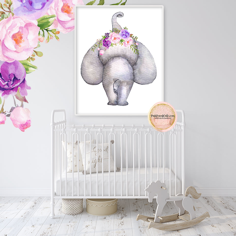 Purple Boho Elephant Wall Art Print Peonies Nursery Baby Girl Room Zoo –  Pink Forest Cafe, image size:960x960