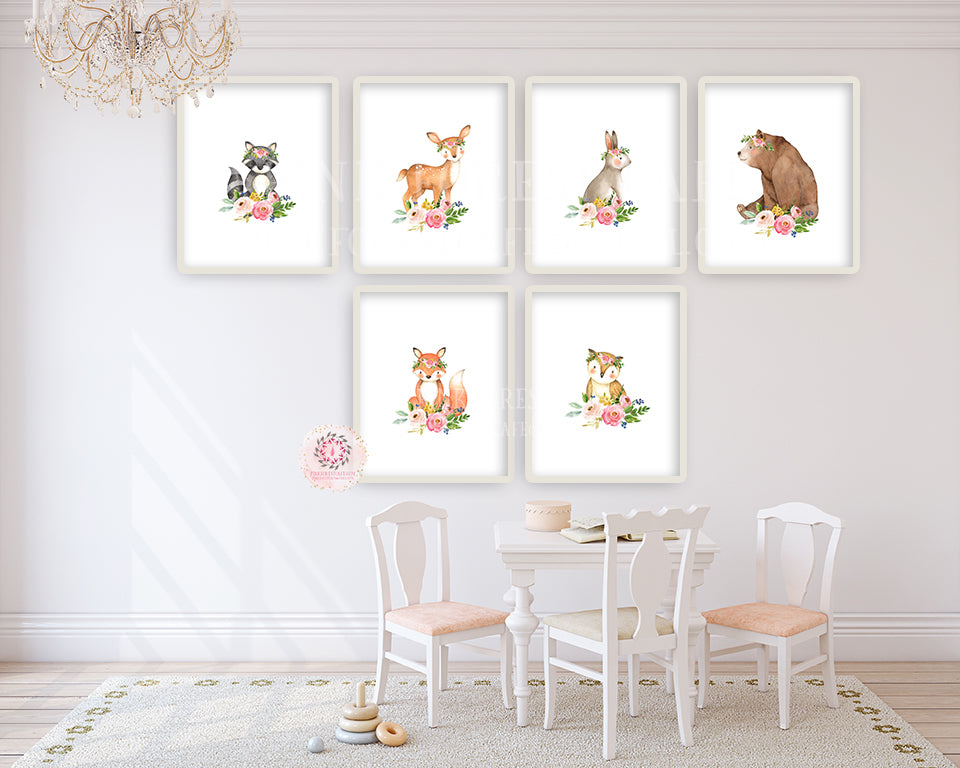 6 Deer Fox Bunny Rabbit Bear Woodland Boho Wall Art Print Nursery Set ...