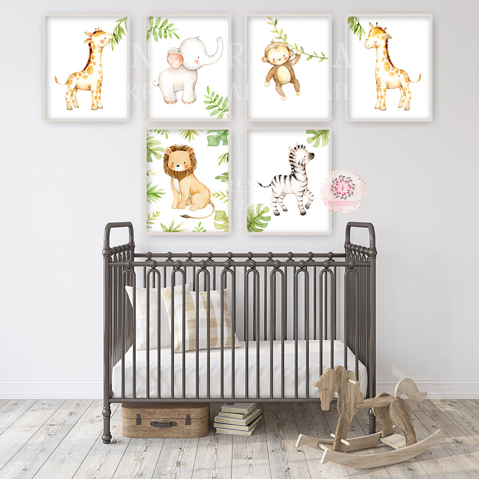 6 Elephant Giraffe Lion Monkey Wall Art Print Zoo Nursery Whimsical Ju ...
