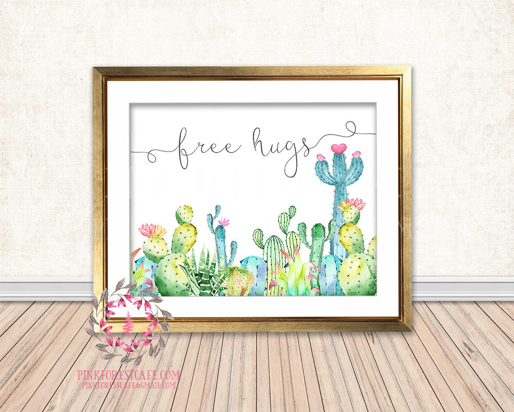 free printable succulent wall art Free Hugs Cactus Succulent Boho Baby Nursery Home Decor Wall Art Print –  Pink Forest Cafe