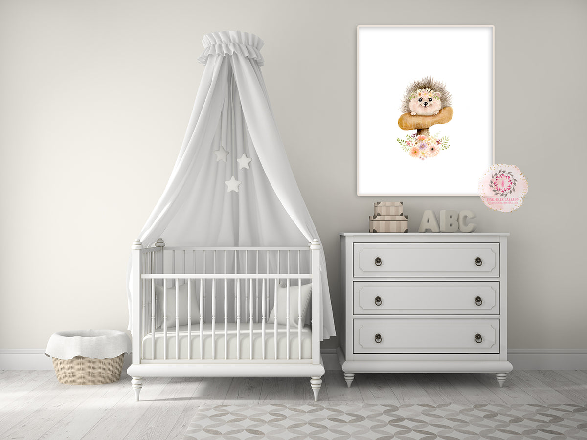 Boho Hedgehog Woodland Wall Art Print Nursery Baby Girl Bohemian Flora ...