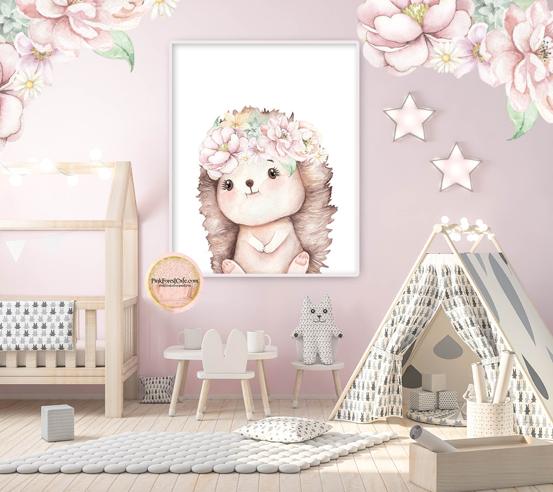 Boho Hedgehog Blush Wall Art Print Woodland Nursery Baby Girl Room Flo ...