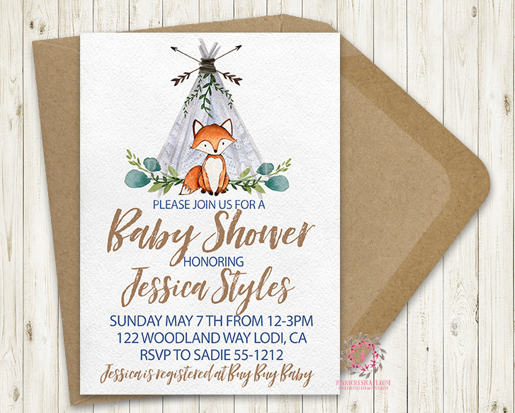 Woodland Teepee Fox Baby Boy Shower Birthday Party Printable Invite Bridal Baby Shower Invitation