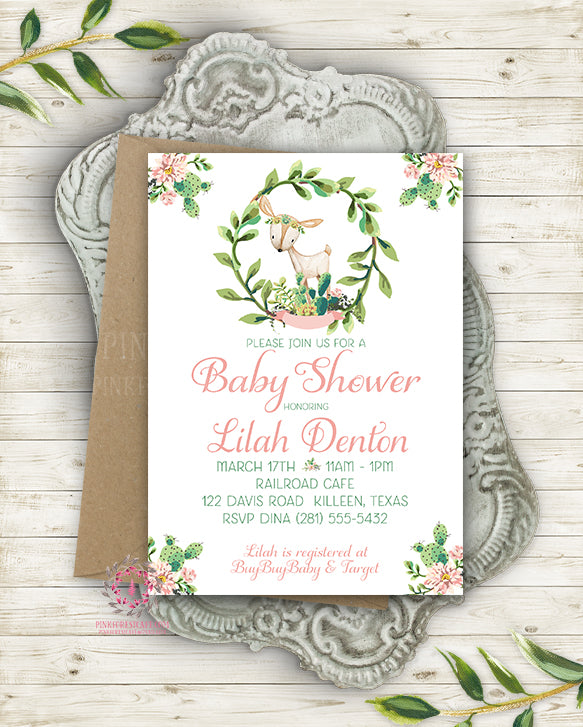 Cactus Succulent Woodland Deer Invite Invitation Baby Shower Boho Floral Watercolor Birthday Party Printable