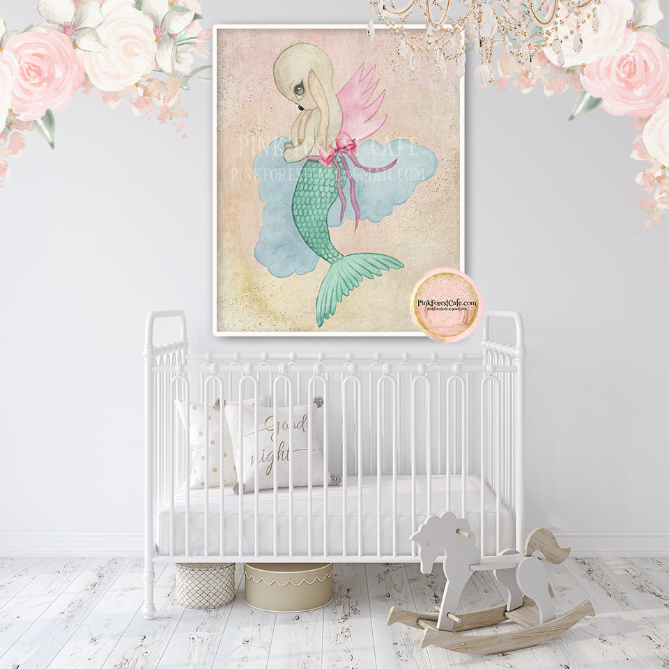 Boho Bunny Mermaid Fairy Wall Art Print Baby Girl Ethereal Nursery Roo