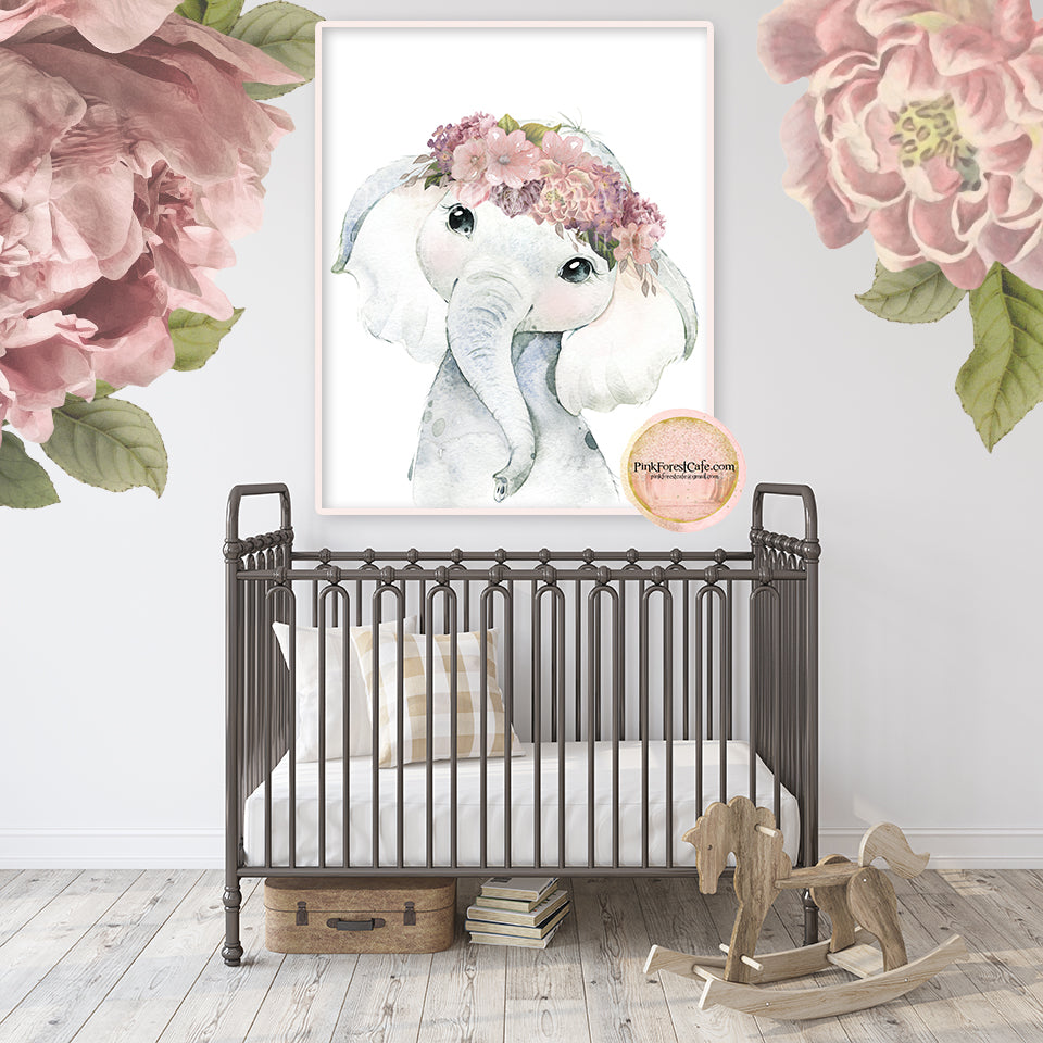 Boho Elephant Wall Art Print Dusty Rose Mauve Nursery Baby Girl Room F