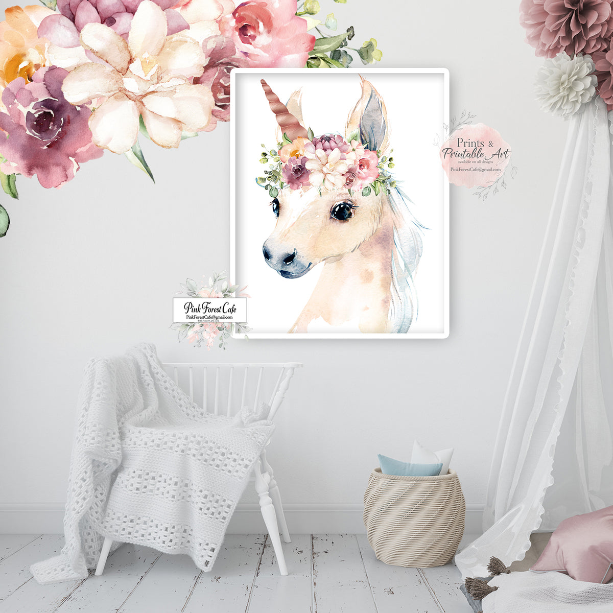 Boho Blush Unicorn Wall Art Print Nursery Baby Girl Room Vintage Peony ...