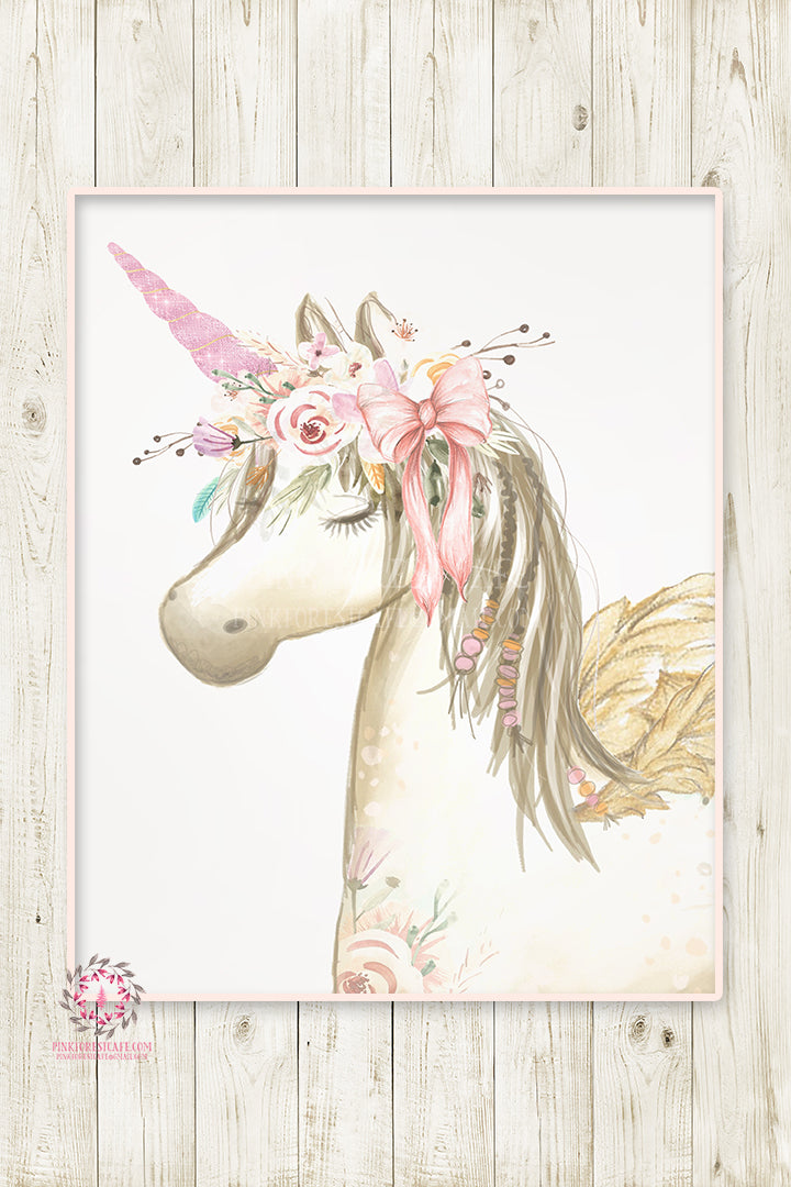 Boho Blush Unicorn Pegasus Wall Art Print Baby Girl Nursery Ethereal F ...