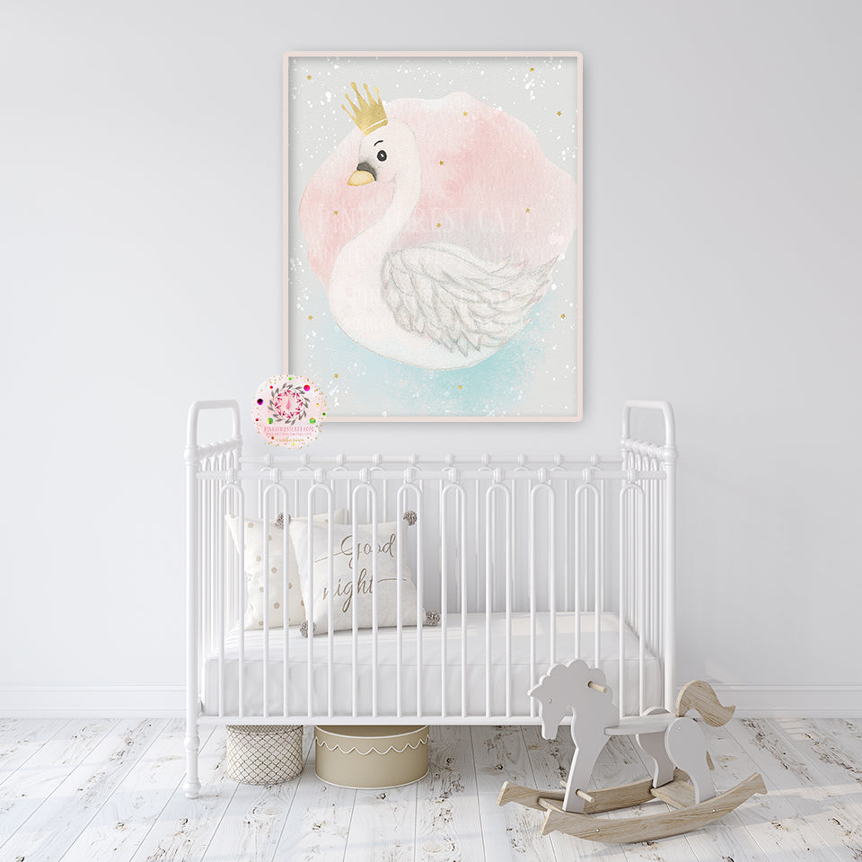 Boho Gold Crown Swan Wall Art Print Watercolor Baby Girl Ethereal Star ...