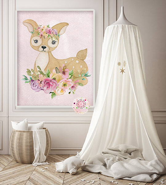 Ethereal Boho Deer Wall Art Print Baby Girl Nursery Room Pink Watercol ...