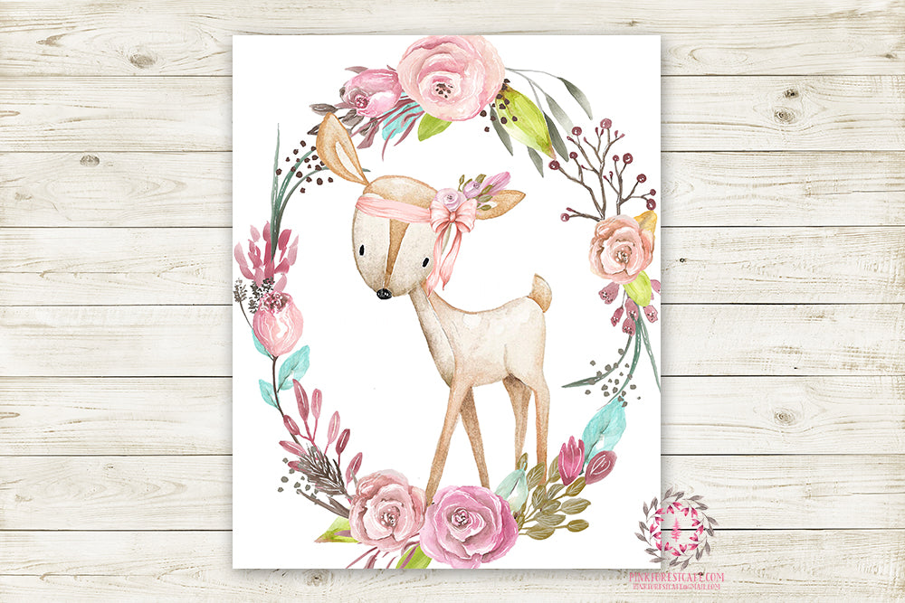 Boho Pink Deer Wall Art Print Woodland Bohemian Floral Nursery Baby Gi ...