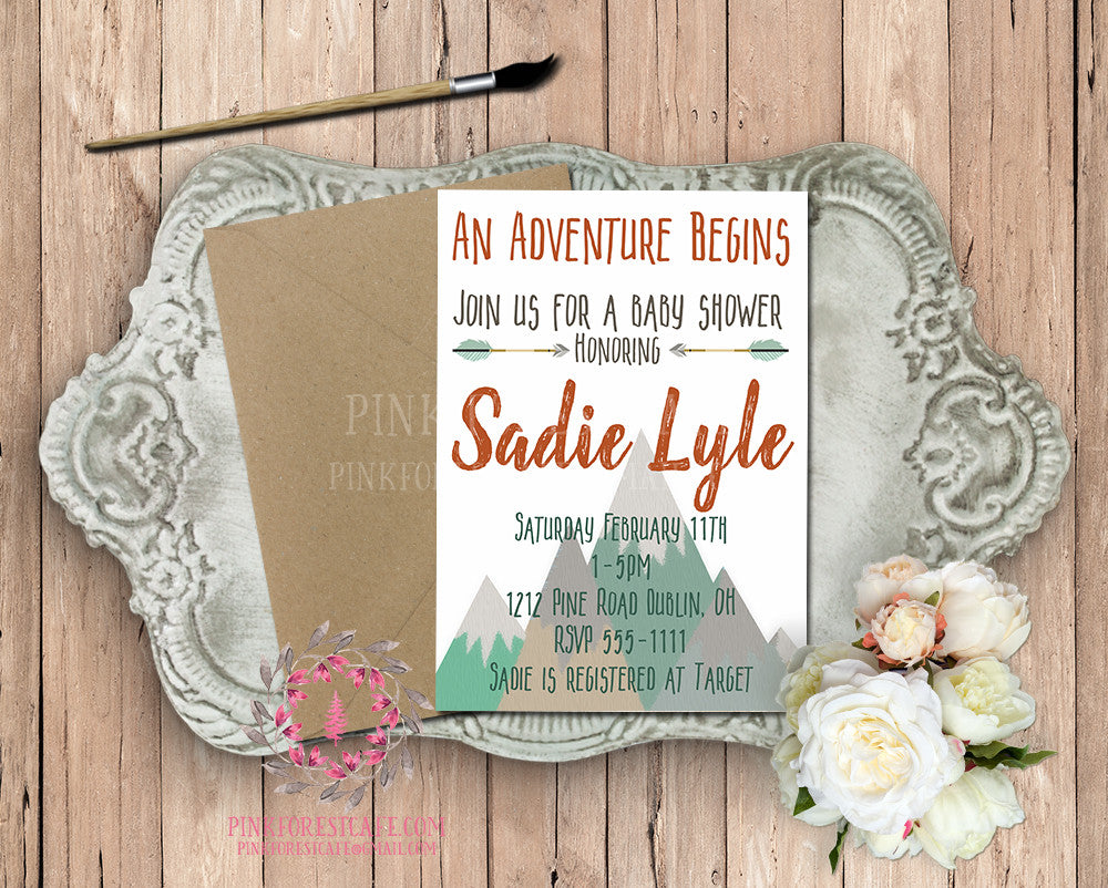 Woodland Baby Bridal Shower Birthday Party Printable Invitation Invite –  Pink Forest Cafe, image size:1000x802