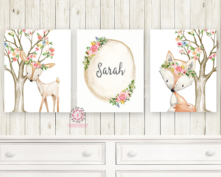 3 Boho Deer Fox Baby Name Wall Art Print Woodland Nursery Baby Girl Ro ...