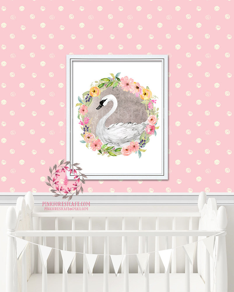 Boho Floral Swan Watercolor Printable Wall Art Baby Girl Nursery Decor ...