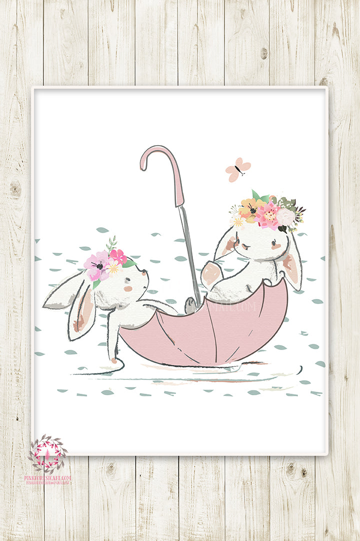 Umbrella Bunnies Bunny Rabbit Boho Girl Nursery Wall Art Print Baby Room Watercolor Printable Decor