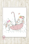 Umbrella Bunnies Bunny Rabbit Boho Girl Nursery Wall Art Print Baby Room Watercolor Printable Decor