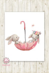 Umbrella Bunnies Bunny Rabbit Wall Art Print Boho Girl Nursery Baby Room Watercolor Printable Decor