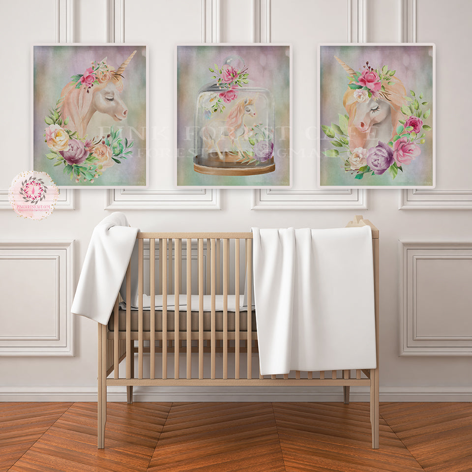 3 Boho Bokeh Unicorn Wall Art Print Baby Girl Pink Nursery Ethereal Wh ...