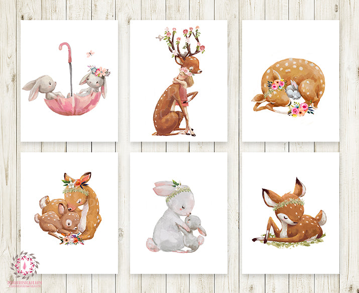 6 Boho Girl Woodland Deer Bunny Nursery Wall Art Print Baby Room Flora ...