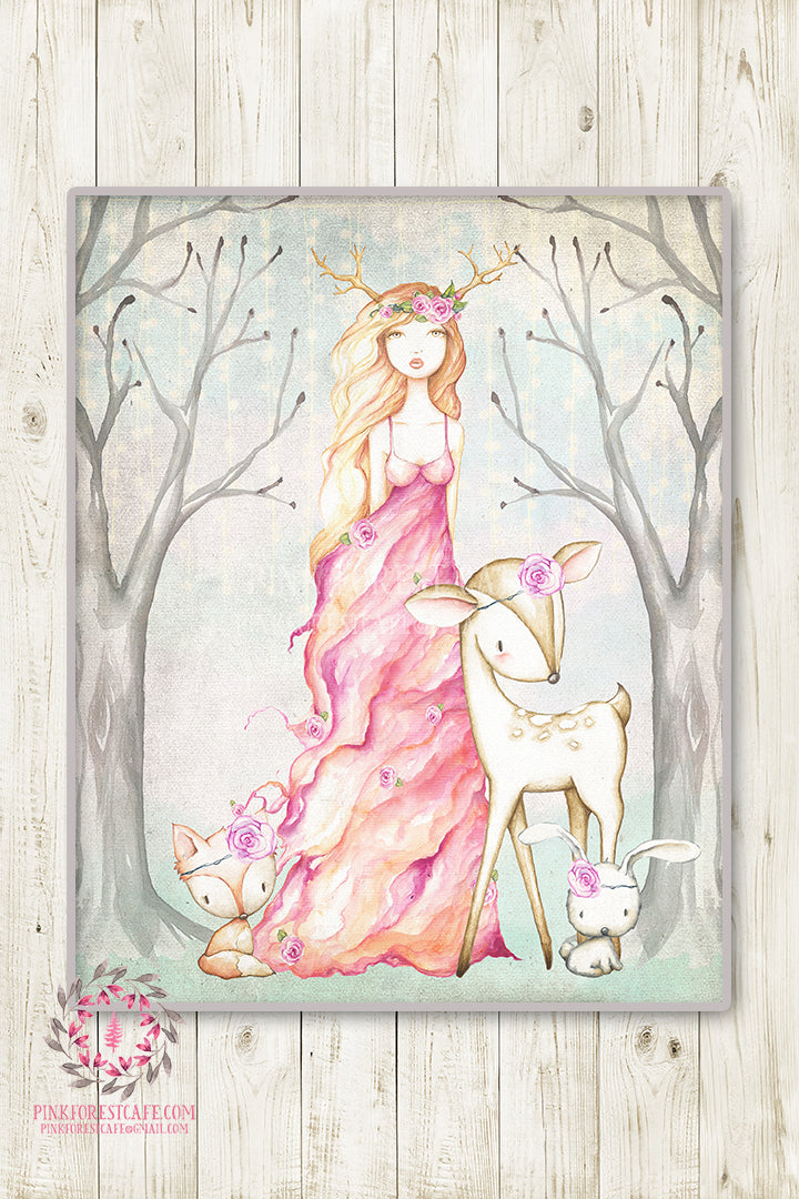 Boho Nursery Wall Art Print Woodland Princess Fox Deer Bunny Baby Girl ...