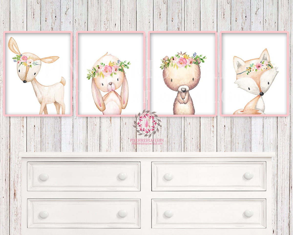4 Deer Fox Bunny Rabbit Bear Woodland Boho Wall Art Print Nursery Set ...