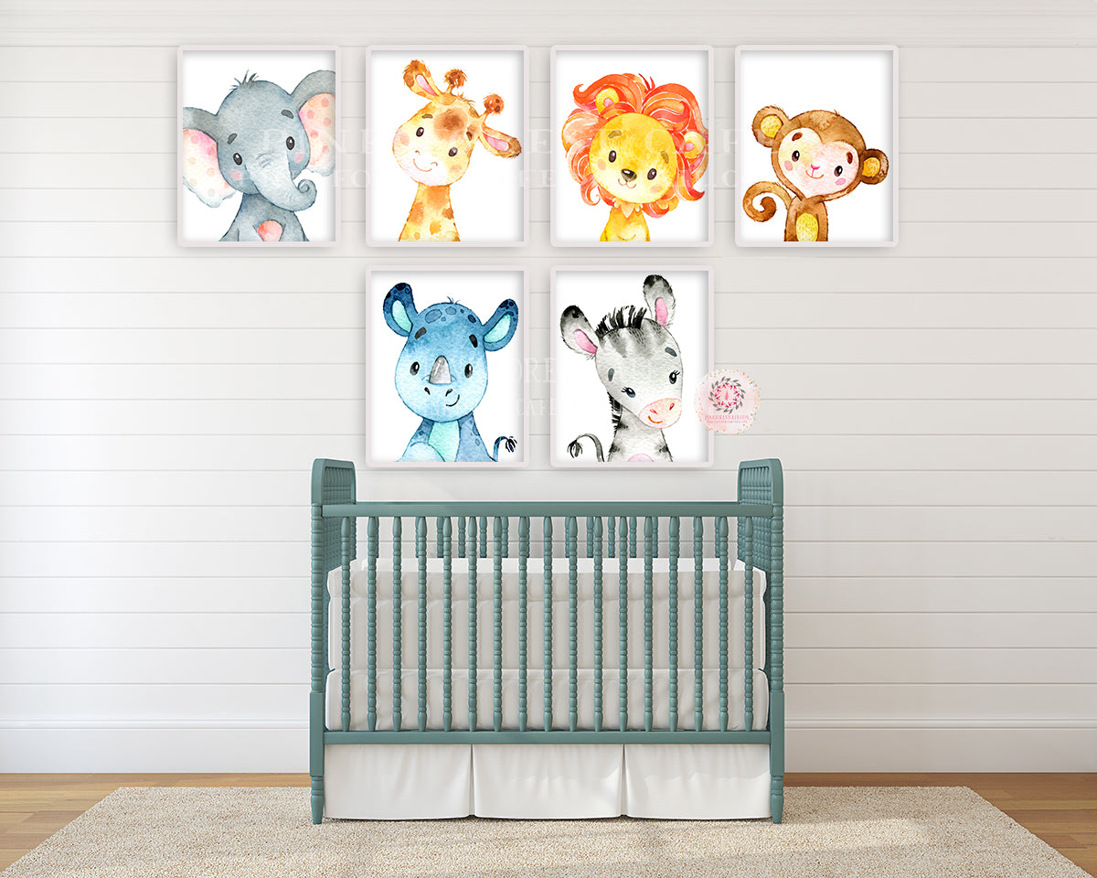6 Elephant Giraffe Lion Monkey Wall Art Print Nursery Ethereal Whimsic ...