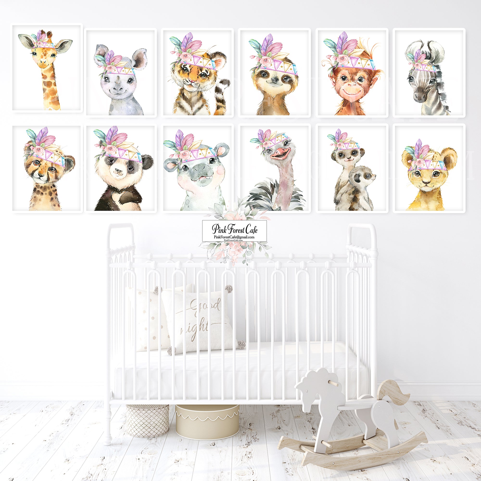 12 Boho Zoo Wall Art Print Feather Nursery Rainbow Watercolor Printabl