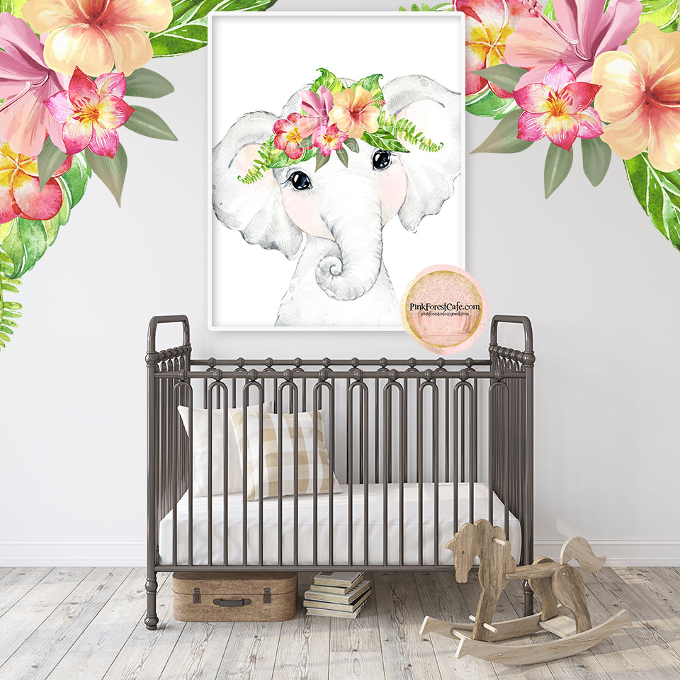 Boho Tropical Elephant Wall Art Print Nursery Zoo Baby Girl Room Floral Safari Watercolor Printable Decor