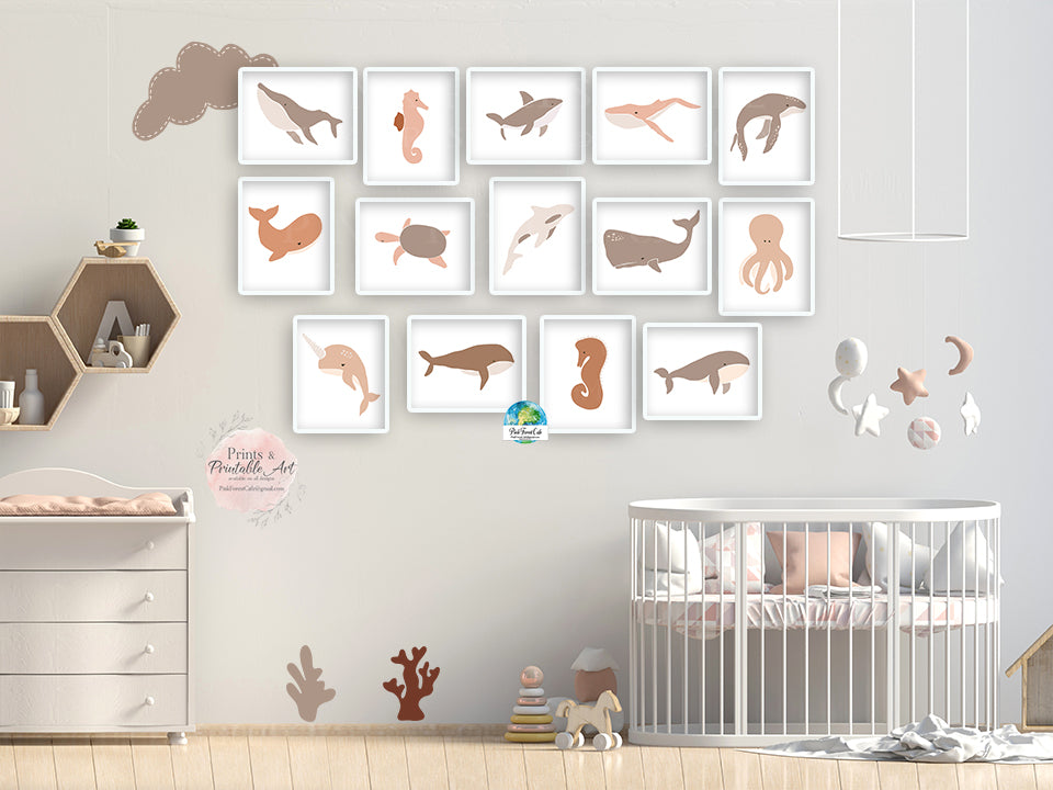 14 Boho Underwater Sea Whale Seahorse Ocean Wall Art Print Baby Nursery Room Gender Neutral Printable Decor