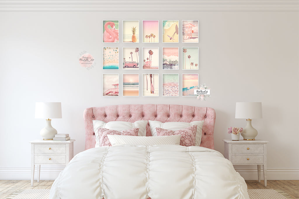 15 Pink Ocean + Beach Palm Tree Van Flamingo Wall Art Print Bedroom Beachy Vintage Retro Vibe Printable Gallery Decor