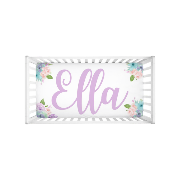ELLA Purple Boho Feather Peony Baby Crib Sheet Girl Nursery Bedding Peonies Watercolor