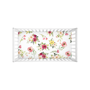 Crib Sheet Farmhouse Floral Nursery Bedding Watercolor Peonies Flowers Magenta Blush Pink