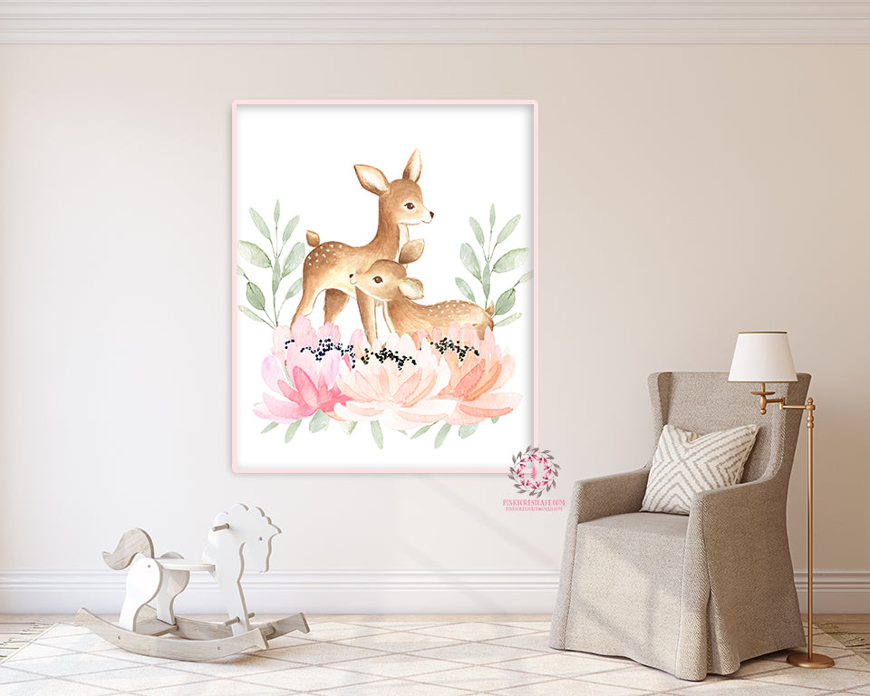 2 Boho Deer Wall Art Print Blush Fawn Woodland Nursery Baby Girl Room Floral Bohemian Watercolor Printable Decor