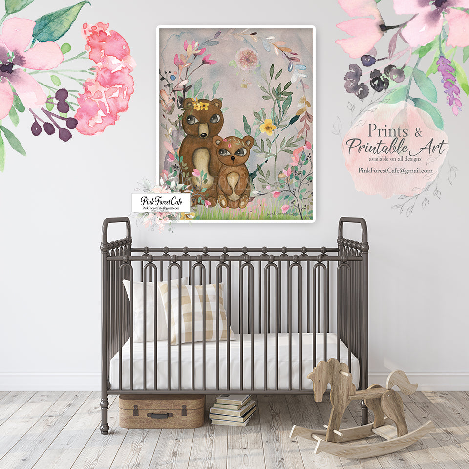 Boho Woodland Bear Wall Art Print Watercolor Blush Baby Girl Nursery Animal Exclusive Printable Decor