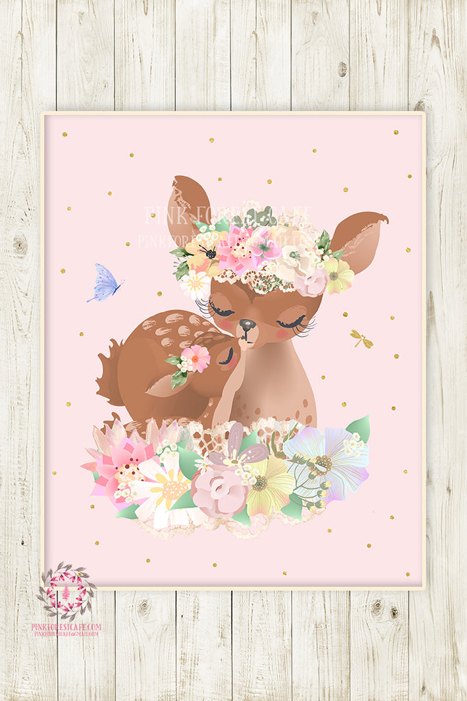 Ethereal Deer Baby Girl Nursery Wall Art Print Boho Floral Pink Whimsi ...